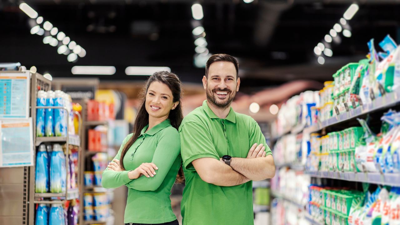 Um homem e uma mulher com os braços cruzados e de costas um para o outro em um corredor para ilustrar o dia do supermercado.