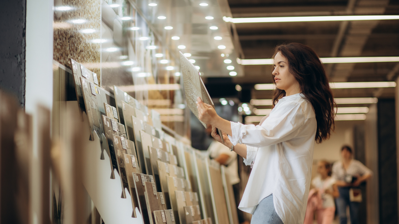 Consumidora analisando opções de revestimento em loja de casa e construção, avaliando materiais para reforma ou decoração.
