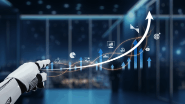 painel digital com um gráfico de barras marcado por grafismos típicos do setor varejistas e uma mão robótica apontando para gráfico, representando a introdução da IA no varejo
