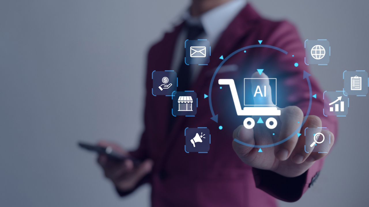 homem desfocado atrás, do pescoço para baixo, com o indicador apontando para frente e alguns símbolos envolta do dedo dele evidenciando o futuro, ou seja, tecnologia 2026